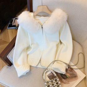 Double Zipper Fur Collar Stitching Design Sense Hooded Knit Cardigan (Option: Milky White-2XL)