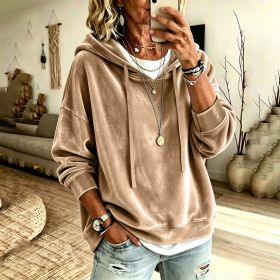 Womens Casual Solid-Color Hooded Long-Sleeve Top With Drawstring (Option: Khaki-L)