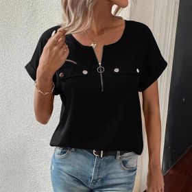 Womens Zipper-Button Top Fashionable Casual T-Shirt For Women (Option: Black-XXL)