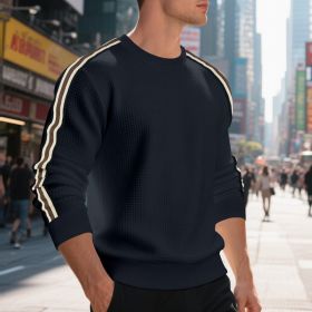 Casual Men's Loose Round Neck Sweater Thin (Option: Navy Blue-L)