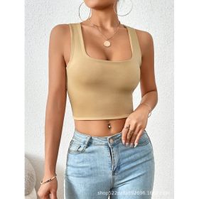 Square Collar Short Slim Vest (Option: Khaki-L)