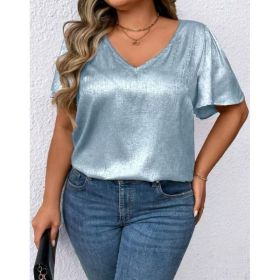 Loose-fit V-neck Solid-color Short-sleeve Top (Option: Light blue-3XL)