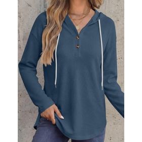 Womens V-neck Hooded Loose-fit Waffle-knit Hoodie (Option: Sea Blue-L)