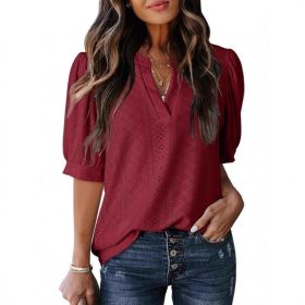 Women's Summer Business Casual Blouse V-neck Short Sleeve Shirt (Option: Wine Red-XXL)
