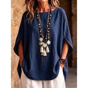 Womens Fashionable Solid-color Round-neck Loose-fit Blouse (Option: Navy Blue-L)