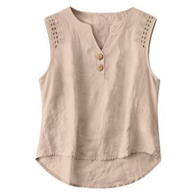 Solid-color V-neck Hollow-out Button Cotton-linen Short-sleeve Top Shirt (Option: Apricot-XL)