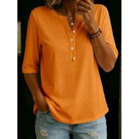 Women's Solid-Colored Cotton Button-Down Half-Sleeve Shirt (Option: Orange-L)