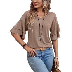 Loose V-neck Ruffle Sleeve T-shirt Fashion Solid Mid-sleeve Tops Women's Clothing (Option: Camel-XXL)