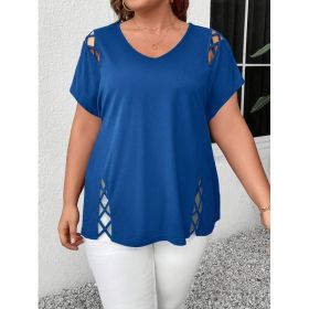 Women's European And American V-neck Cross-strap Short-sleeved T-shirt (Option: Sapphire Blue-3XL)