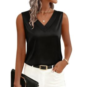 Womens Satin Camisole V-Neck Casual Sleeveless Blouse Top (Option: Black-XL)