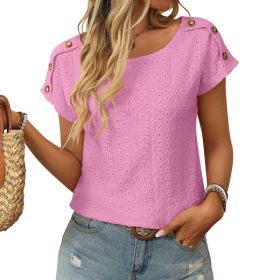 Womens Crew-neck Hollow-out Short-sleeve T-shirt (Option: Bright Pink-2XL)
