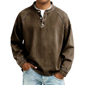 Men's Solid-Colored Casual Top Vintage Long-Sleeve Shirt (Option: Dark Brown-L)