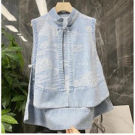 Loose-fitting Lightweight Ethnic-style Chinese-style Mandarin-button Vest Cardigan Coat (Option: Light Blue-XXL)