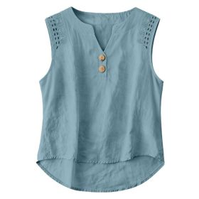 Solid-color V-neck Hollow-out Button Cotton-linen Short-sleeve Top Shirt (Option: Peacock Blue-XXL)