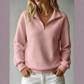 Loose-fit Waffle-knit Stand-collar Zip-up Long-sleeve Womens Sweatshirt (Option: Pink-M)