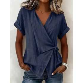 Women's Casual Lapel Collar Lace-Up Short-Sleeve Top (Option: Navy Blue-3XL)