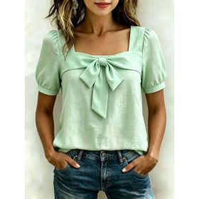 Womens Casual Square-neck Top With A Bow (Option: Light Green-2XL)