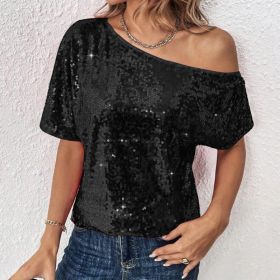 Womens Casual Solid-Color Loose Off-Shoulder Sequin T-Shirt (Option: Black-L)