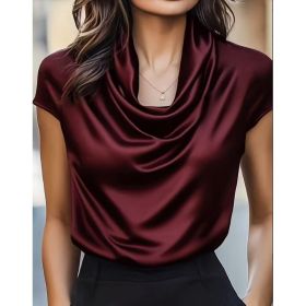 Womens Solid-color Boat-neck Drapey Short-sleeve Top (Option: Wine Red-2XL)