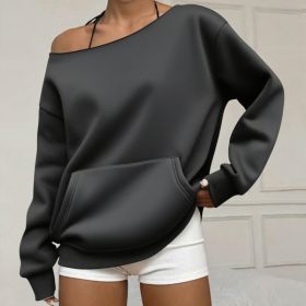 Fashionable Pullover Crew-Neck Off-Shoulder Sweatshirt For Women (Option: Black-3XL)