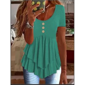 Fashion Three-button Casual Solid Color Short Sleeve (Option: Lake Water Green Color-L)