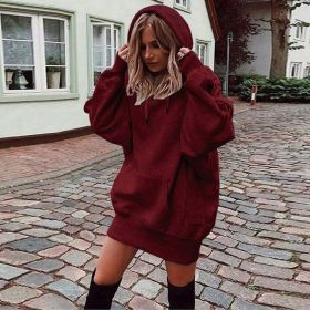 Women's Solid Color Pullover Hooded Loose Fleece Sweater (Option: Purplish Red-L)
