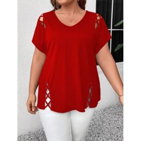 Women's European And American V-neck Cross-strap Short-sleeved T-shirt (Option: Red-5XL)