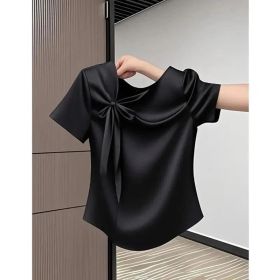 Fashionable And Versatile French Bow Short-sleeve T-shirt (Option: Black-3XL)
