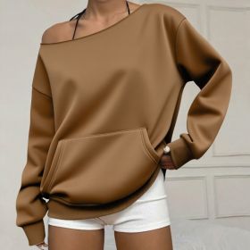 Fashionable Pullover Crew-Neck Off-Shoulder Sweatshirt For Women (Option: Coffee-3XL)