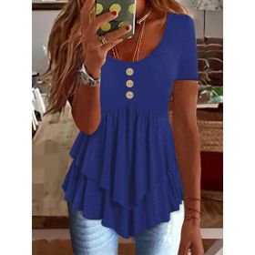 Fashion Three-button Casual Solid Color Short Sleeve (Option: Blue-L)