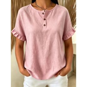 Womens Cotton-Linen Ruffle-Trimmed Button-Up Short-Sleeve Top (Option: Pink-L)