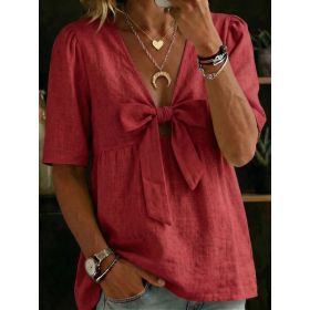 Women's Casual And Versatile V-Neck Top Shirt (Option: Red-3XL)