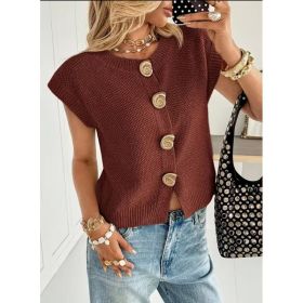 European And American-style Round-neck Short-sleeved Knitted Cardigan (Option: Wine Red-XXL)
