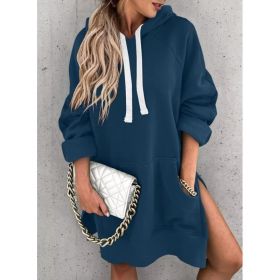 Women's Hooded Sweatshirt With Pockets Fashion Casual Split Mid-length Sweater Drawstring Tops (Option: Navy Blue-L)