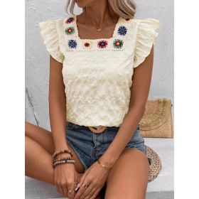 Square-neck Crochet Patchwork Womens Top (Option: Deep Blue Lace-XL)