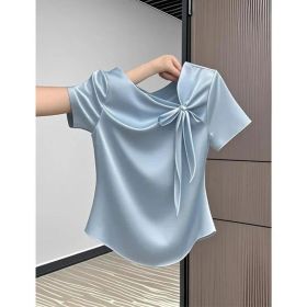 Fashionable And Versatile French Bow Short-sleeve T-shirt (Option: Blue-3XL)