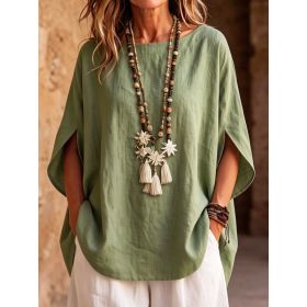Womens Fashionable Solid-color Round-neck Loose-fit Blouse (Option: Green-L)