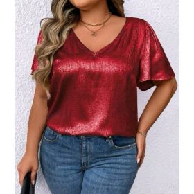 Loose-fit V-neck Solid-color Short-sleeve Top (Option: Wine Red-3XL)