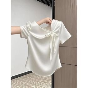 Fashionable And Versatile French Bow Short-sleeve T-shirt (Option: White-XL)
