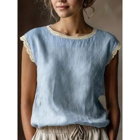 Loose Solid-Color Crew-Neck Lace Sleeveless Cotton-Linen Shirt (Option: Light Blue-L)