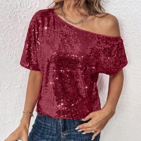 Womens Casual Solid-Color Loose Off-Shoulder Sequin T-Shirt (Option: Purplish Red-L)
