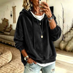 Womens Casual Solid-Color Hooded Long-Sleeve Top With Drawstring (Option: Black-L)
