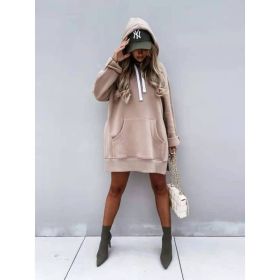 Women's Hooded Sweatshirt With Pockets Fashion Casual Split Mid-length Sweater Drawstring Tops (Option: Khaki-XXL)