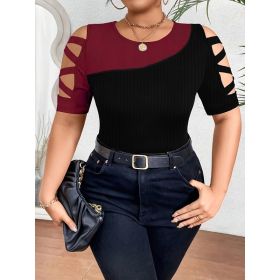 Slim-fit Contrast-color Hollow-out Top Multicolor Fashionable And Versatile (Option: Black And Red-6XL)