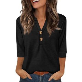 Womens Plus-Size Loose V-Neck Buttoned Three-Quarter Sleeve T-Shirt (Option: Black-3XL)