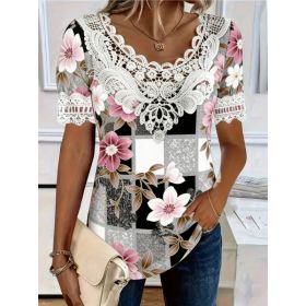Women's Lace-Patchwork Crew-Neck Short-Sleeve T-Shirt (Option: 07311color-L)