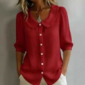Collared Short-sleeve Blouse Fashion Casual Versatile Loose Shirt Women's Clothing (Option: Red-L)