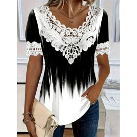 Women's Lace-Patchwork Crew-Neck Short-Sleeve T-Shirt (Option: 07310color-L)