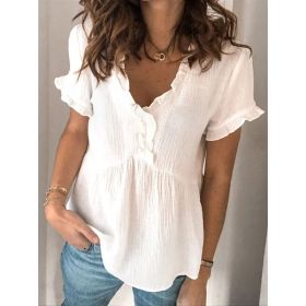Women's Casual Loose Solid-color Patchwork Short-sleeve Shirt Top (Option: Beige-L)