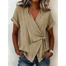 Women's Casual Lapel Collar Lace-Up Short-Sleeve Top (Option: Khaki-3XL)